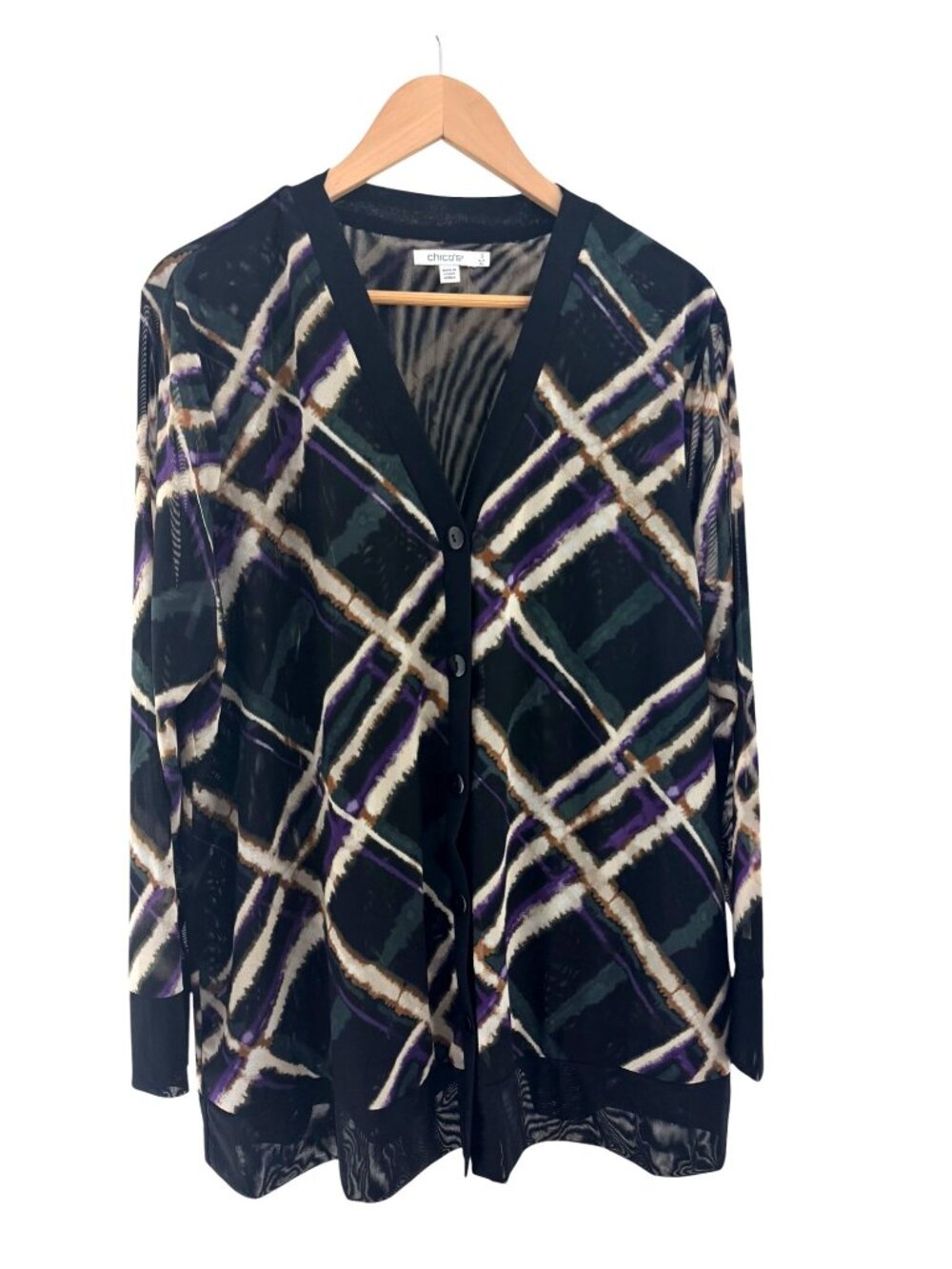 Chico's Size 3 = XL Plaid Mesh Cardigan Buttons Fall Long Sleeves Jacket Wrap